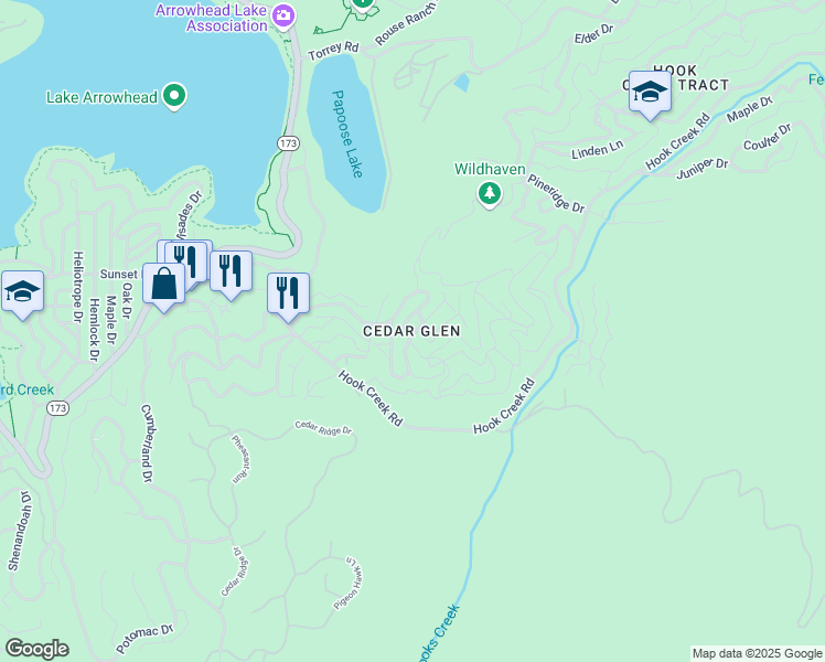 map of restaurants, bars, coffee shops, grocery stores, and more near 180 Glen Avon Drive in Lake Arrowhead