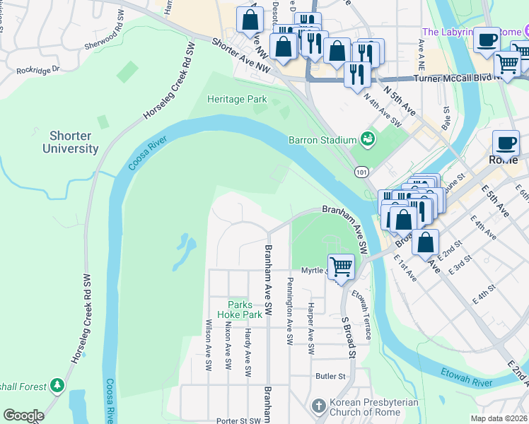 map of restaurants, bars, coffee shops, grocery stores, and more near 2 Virginia Circle Southwest in Rome