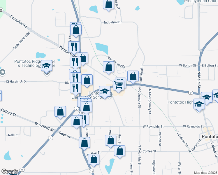 map of restaurants, bars, coffee shops, grocery stores, and more near 145 Fred Dowdy Avenue in Pontotoc