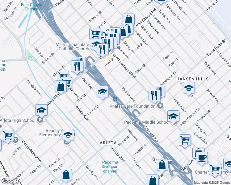 map of restaurants, bars, coffee shops, grocery stores, and more near 13728 Pierce Street in Los Angeles