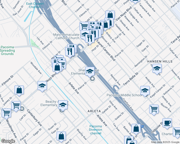 map of restaurants, bars, coffee shops, grocery stores, and more near 10125 Sharp Avenue in Los Angeles