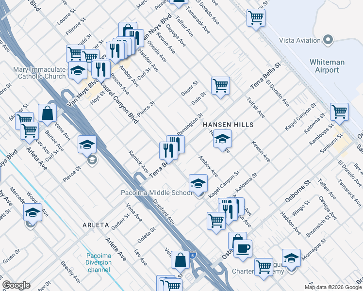 map of restaurants, bars, coffee shops, grocery stores, and more near 13407 Terra Bella Street in Los Angeles