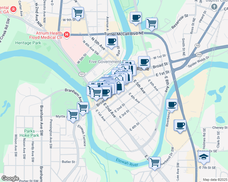 map of restaurants, bars, coffee shops, grocery stores, and more near 1 East 3rd Avenue in Rome