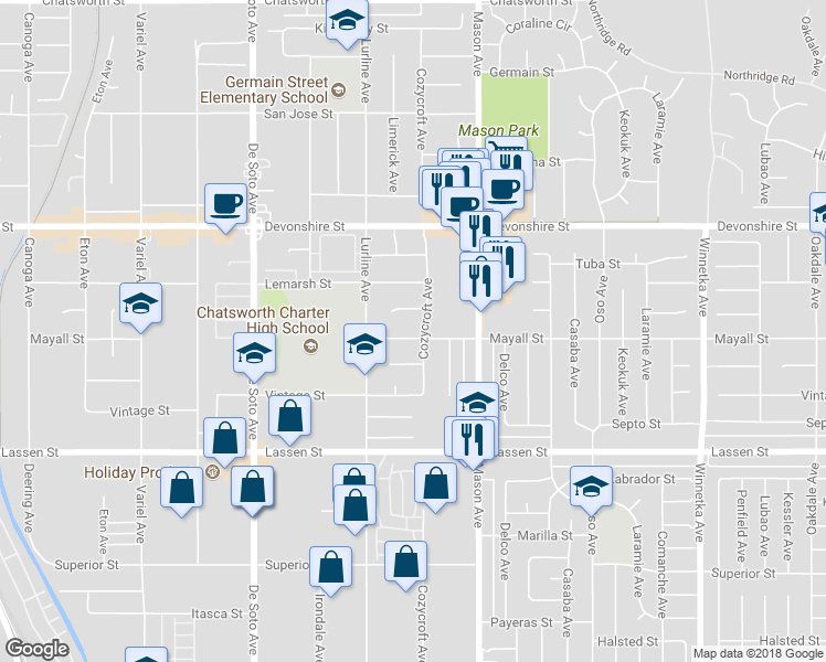 map of restaurants, bars, coffee shops, grocery stores, and more near 20609 Mayall Street in Los Angeles