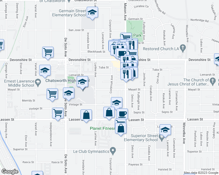 map of restaurants, bars, coffee shops, grocery stores, and more near 20609 Mayall Street in Los Angeles