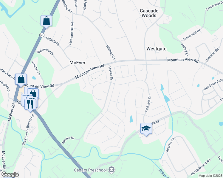 map of restaurants, bars, coffee shops, grocery stores, and more near 4514 Hidden Creek Drive in Gainesville