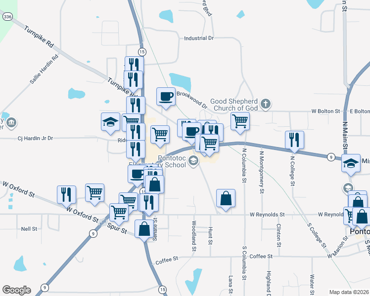 map of restaurants, bars, coffee shops, grocery stores, and more near 260 W Oxford St in Pontotoc