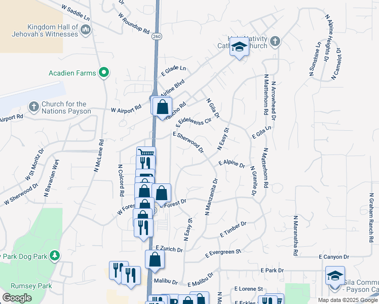 map of restaurants, bars, coffee shops, grocery stores, and more near 211 East Pinnacle Circle in Payson
