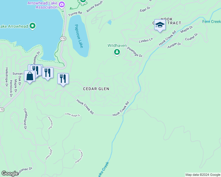 map of restaurants, bars, coffee shops, grocery stores, and more near Lupin Way in Lake Arrowhead