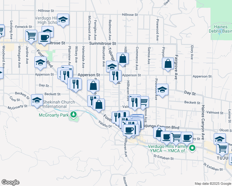 map of restaurants, bars, coffee shops, grocery stores, and more near 10259 Tujunga Canyon Boulevard in Los Angeles