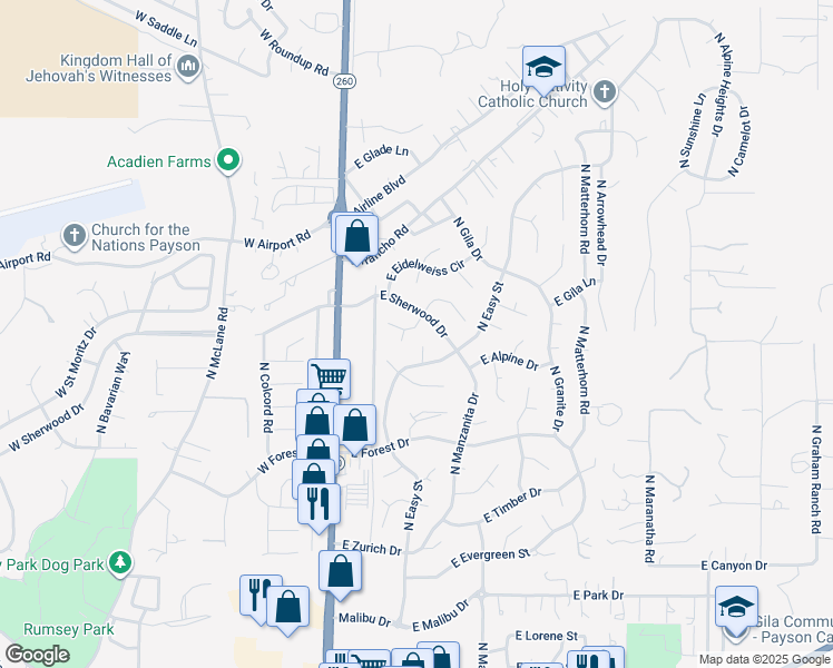 map of restaurants, bars, coffee shops, grocery stores, and more near 211 East Pinnacle Circle in Payson
