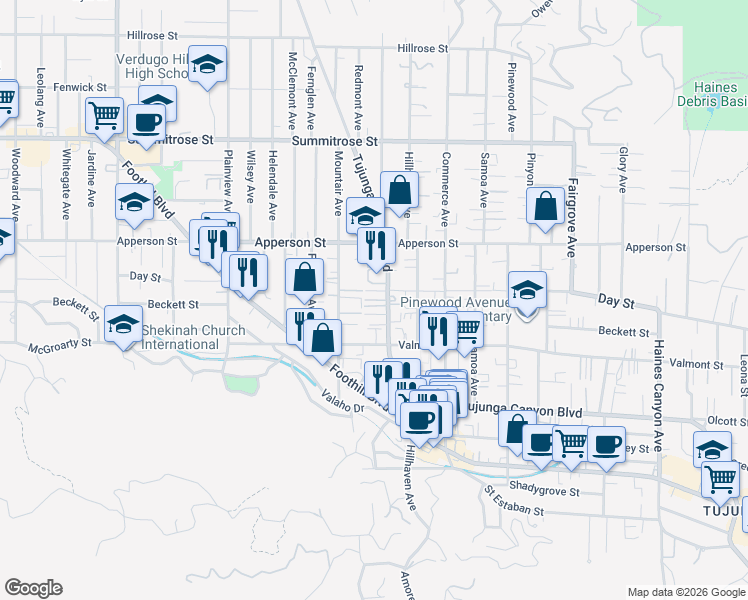 map of restaurants, bars, coffee shops, grocery stores, and more near 10259 Tujunga Canyon Boulevard in Los Angeles