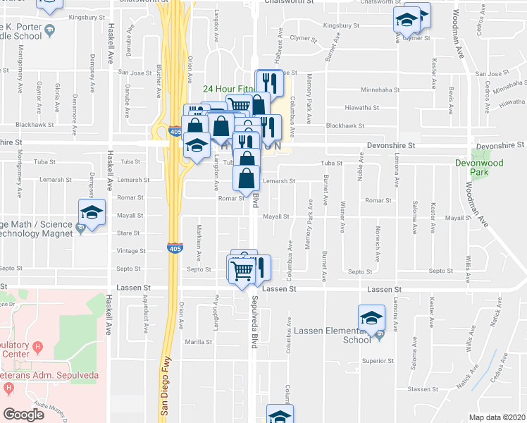 map of restaurants, bars, coffee shops, grocery stores, and more near 10110 Sepulveda Boulevard in Los Angeles