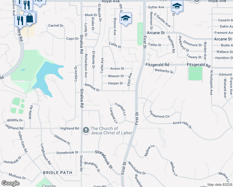 map of restaurants, bars, coffee shops, grocery stores, and more near 720 Bennett Street in Simi Valley