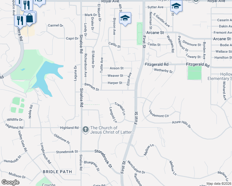 map of restaurants, bars, coffee shops, grocery stores, and more near 720 Bennett Street in Simi Valley