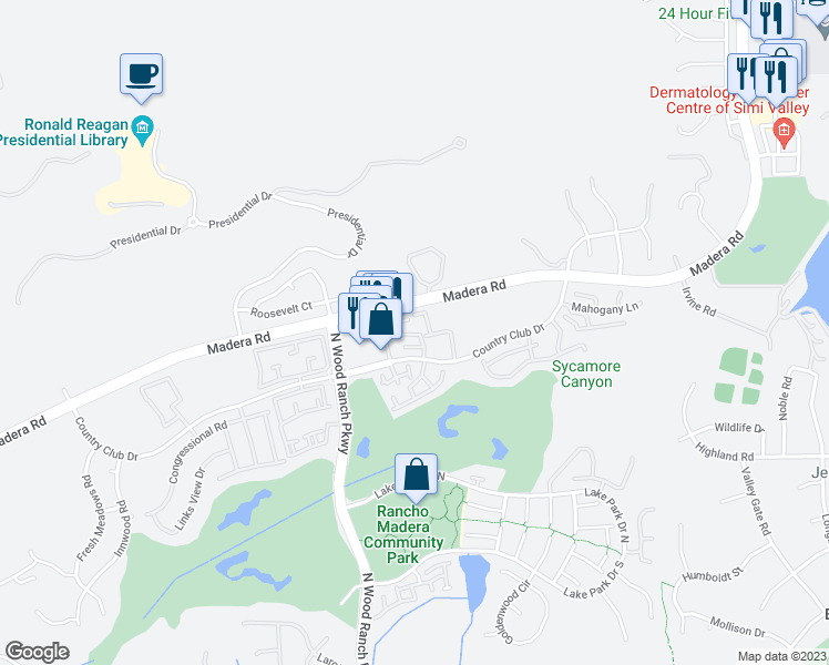 map of restaurants, bars, coffee shops, grocery stores, and more near 477 Country Club Drive in Simi Valley