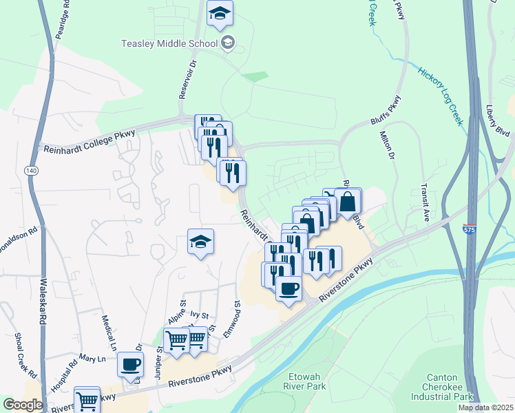 map of restaurants, bars, coffee shops, grocery stores, and more near 2258 Riverstone Boulevard in Canton