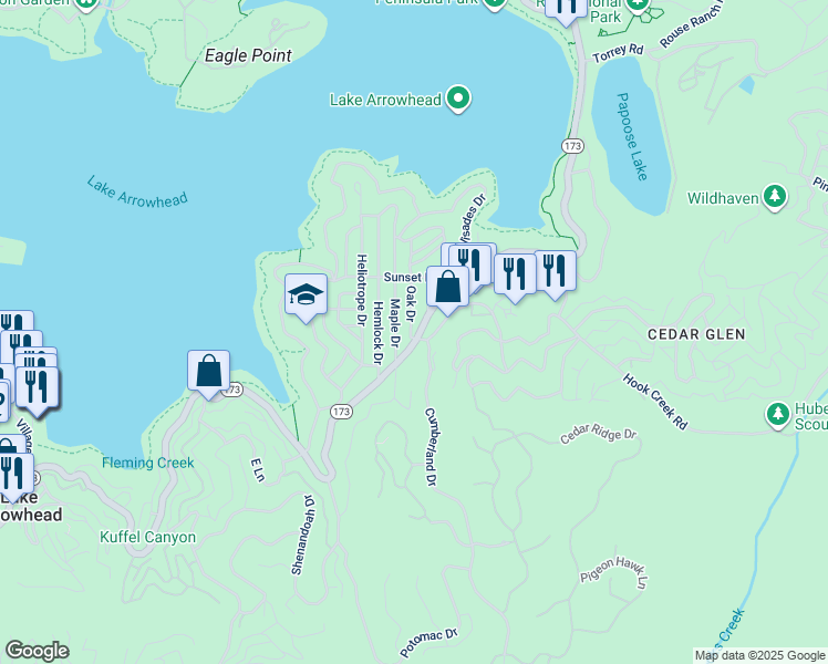 map of restaurants, bars, coffee shops, grocery stores, and more near 229 Oak Drive in Lake Arrowhead