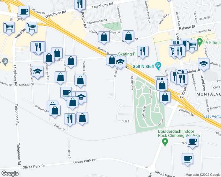 map of restaurants, bars, coffee shops, grocery stores, and more near 2075 Knoll Drive in Ventura