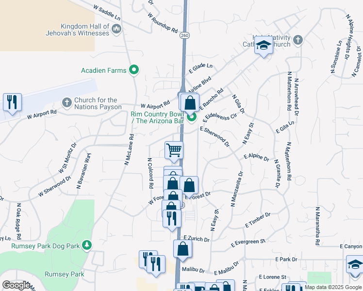 map of restaurants, bars, coffee shops, grocery stores, and more near 1100 North Beeline Highway in Payson