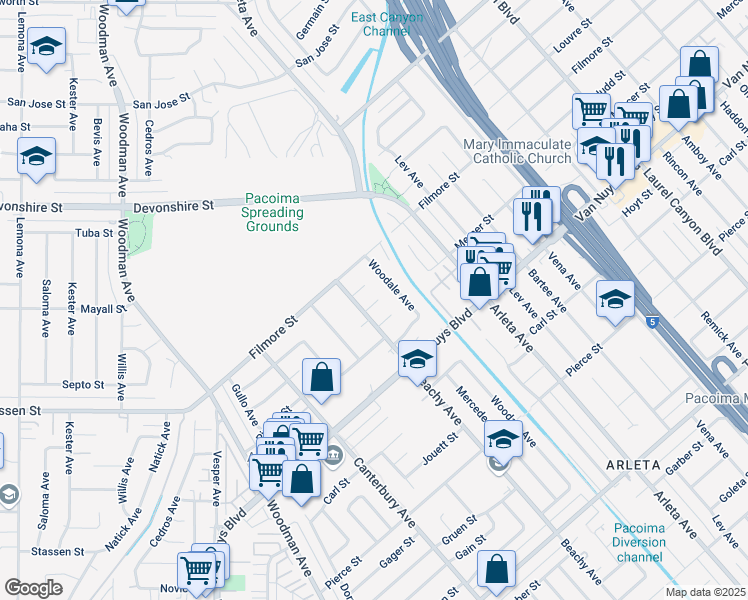 map of restaurants, bars, coffee shops, grocery stores, and more near 14220 Mercer Street in Los Angeles