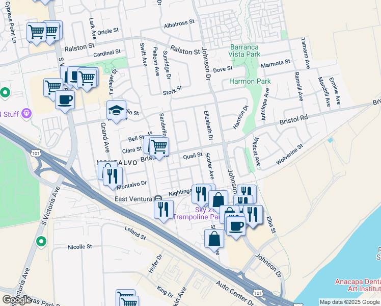 map of restaurants, bars, coffee shops, grocery stores, and more near 6563 Quail Street in Ventura