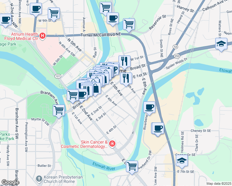 map of restaurants, bars, coffee shops, grocery stores, and more near 406 East 1st Street in Rome