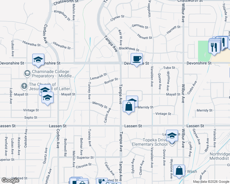 map of restaurants, bars, coffee shops, grocery stores, and more near 19321 Mayall Street in Los Angeles
