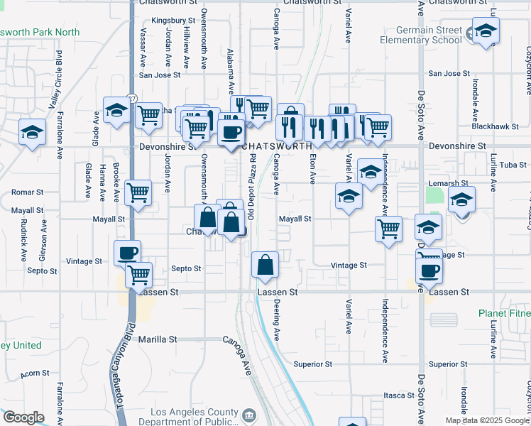 map of restaurants, bars, coffee shops, grocery stores, and more near 10101 Canoga Avenue in Los Angeles