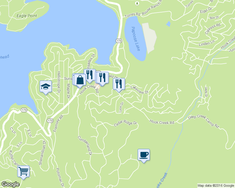 map of restaurants, bars, coffee shops, grocery stores, and more near 29115 Hook Creek Rd in Lake Arrowhead