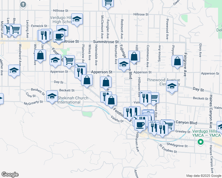 map of restaurants, bars, coffee shops, grocery stores, and more near 10154 Fernglen Avenue in Los Angeles
