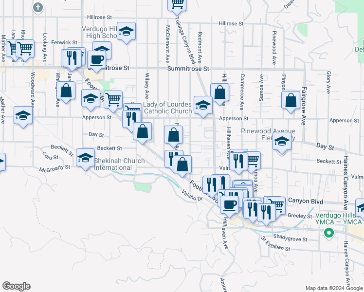 map of restaurants, bars, coffee shops, grocery stores, and more near 10154 Fernglen Avenue in Los Angeles
