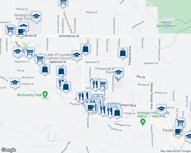 map of restaurants, bars, coffee shops, grocery stores, and more near 10149 Commerce Avenue in Los Angeles
