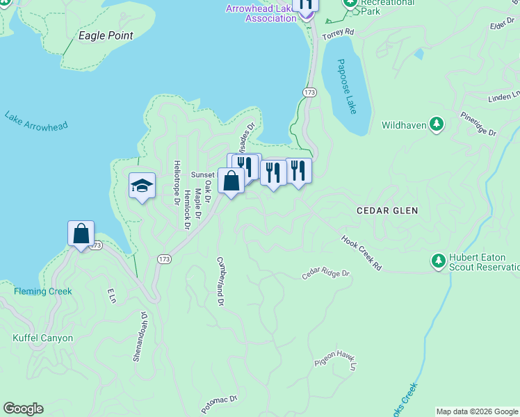 map of restaurants, bars, coffee shops, grocery stores, and more near Ponderosa Drive in Lake Arrowhead