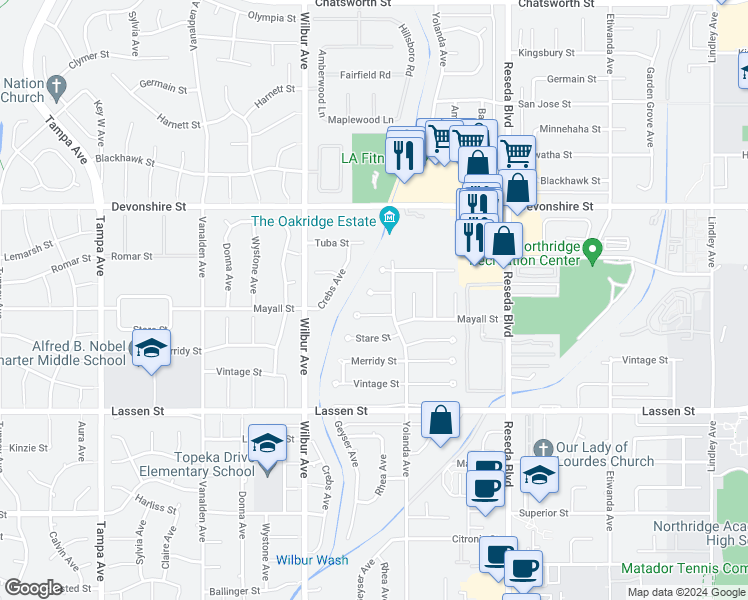 map of restaurants, bars, coffee shops, grocery stores, and more near 18736 Romar Street in Los Angeles