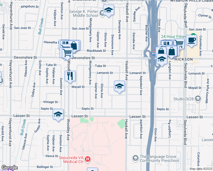 map of restaurants, bars, coffee shops, grocery stores, and more near 10101 Densmore Avenue in Los Angeles