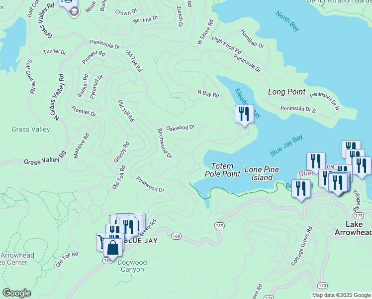 map of restaurants, bars, coffee shops, grocery stores, and more near 27421 Cedarwood Drive in Lake Arrowhead