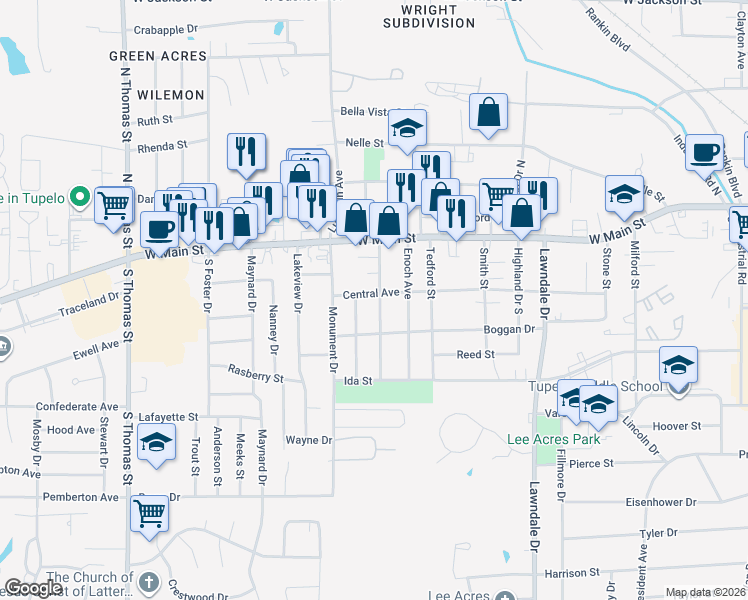 map of restaurants, bars, coffee shops, grocery stores, and more near 201 Hancock Street in Tupelo
