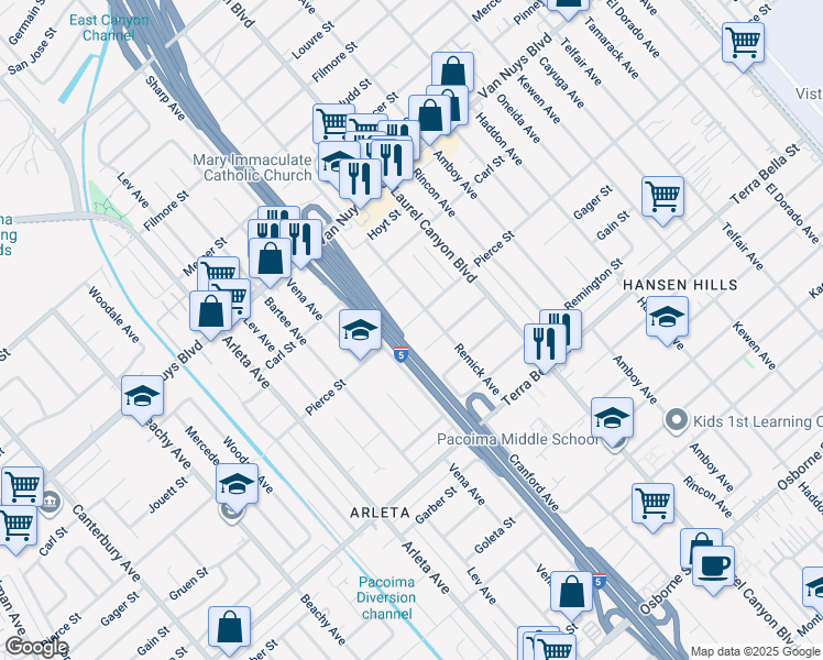 map of restaurants, bars, coffee shops, grocery stores, and more near 13722 Pierce Street in Los Angeles