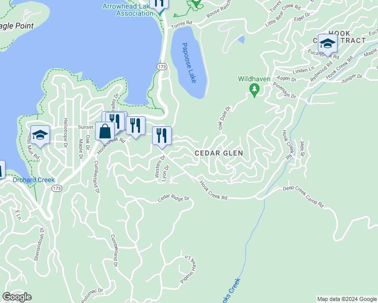 map of restaurants, bars, coffee shops, grocery stores, and more near 29227 Lake Brook Avenue in Lake Arrowhead