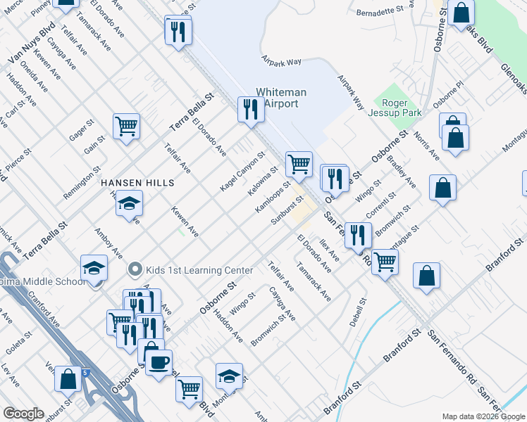 map of restaurants, bars, coffee shops, grocery stores, and more near 12882 Kamloops Street in Los Angeles