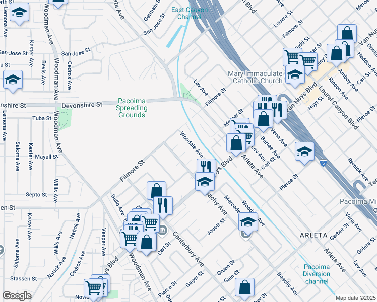 map of restaurants, bars, coffee shops, grocery stores, and more near 14220 Mercer Street in Los Angeles