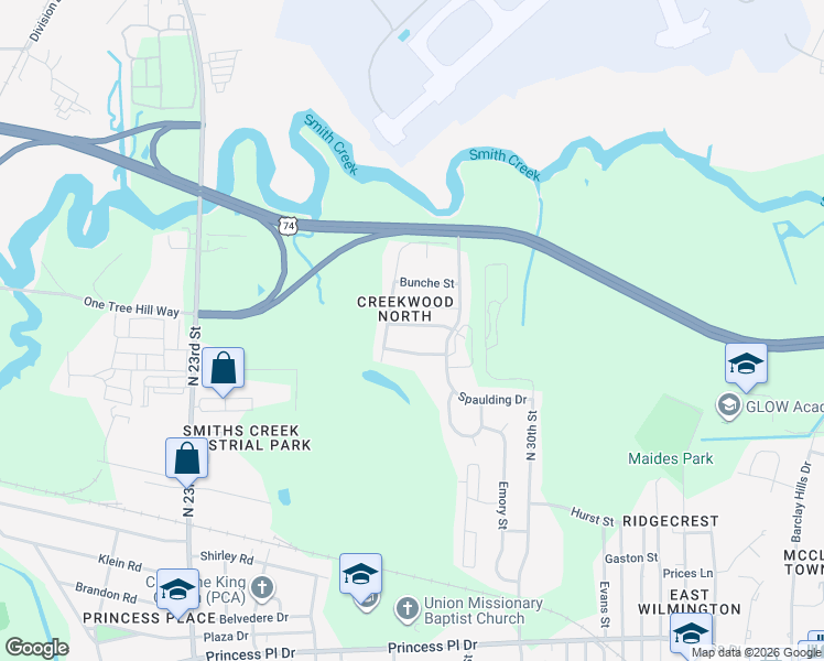 map of restaurants, bars, coffee shops, grocery stores, and more near 2606 Robeson Street in Wilmington