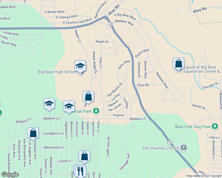 map of restaurants, bars, coffee shops, grocery stores, and more near 421 Saint Cloud Circle in Big Bear