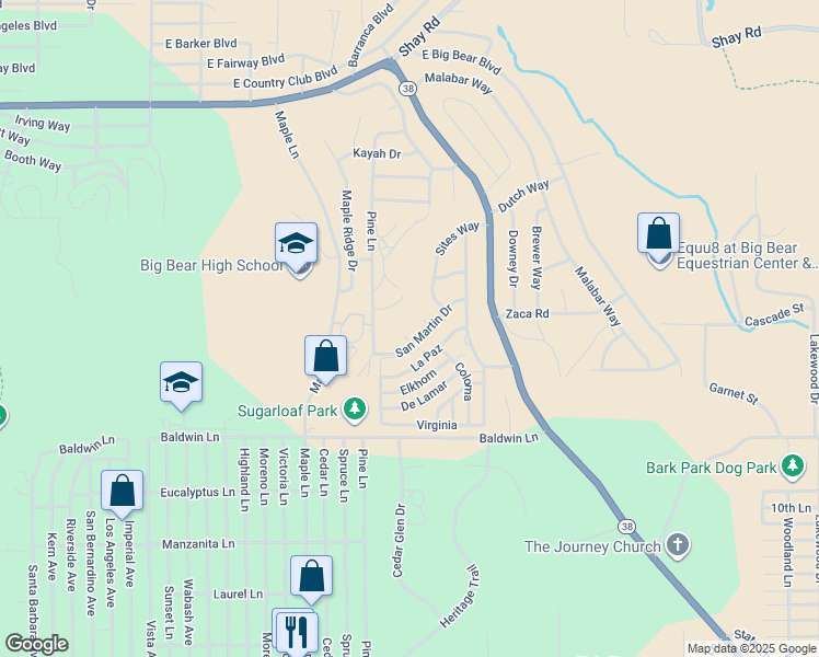 map of restaurants, bars, coffee shops, grocery stores, and more near 421 Saint Cloud Circle in Big Bear