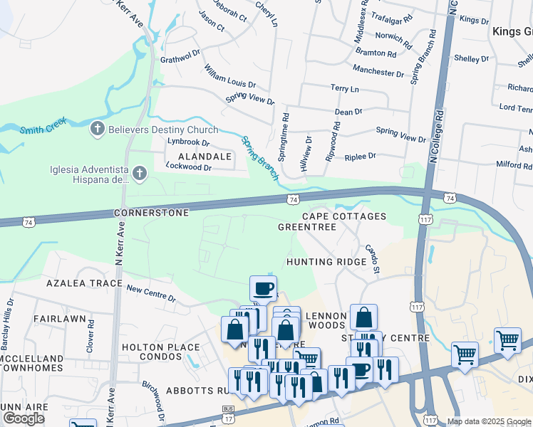 map of restaurants, bars, coffee shops, grocery stores, and more near 5005 Hunters Trail in Wilmington