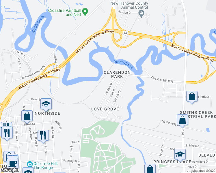 map of restaurants, bars, coffee shops, grocery stores, and more near 1516 Corbett Street in Wilmington