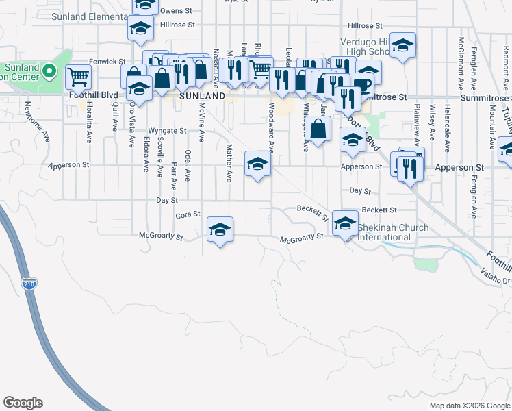 map of restaurants, bars, coffee shops, grocery stores, and more near 8028 Day St in Los Angeles