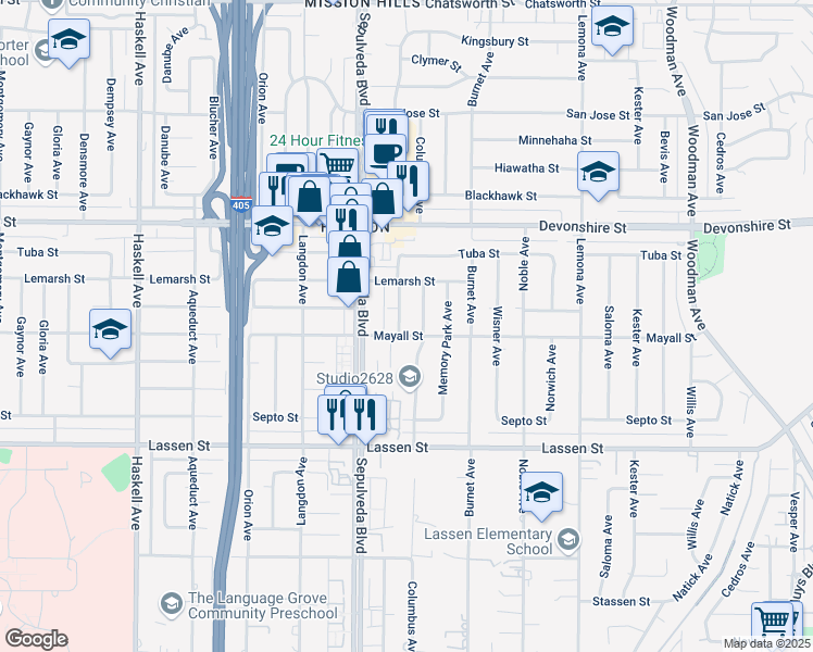 map of restaurants, bars, coffee shops, grocery stores, and more near 10108 Halbrent Avenue in Los Angeles
