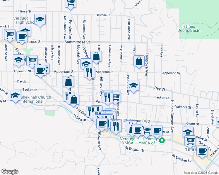 map of restaurants, bars, coffee shops, grocery stores, and more near 10158 Commerce Ave in Los Angeles